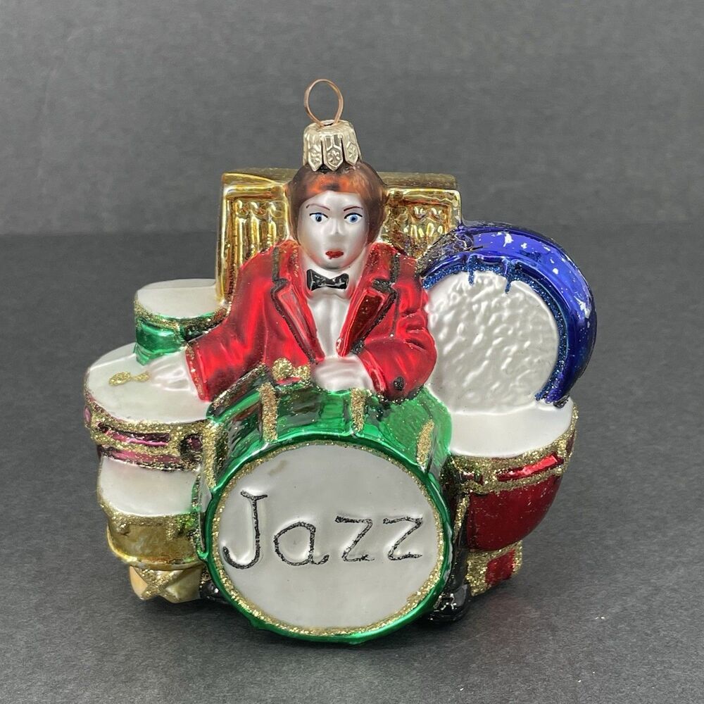 Vintage Kurt Adler Jazz Drummer Christmas Glass Ornament 4.5" Music Drum Set